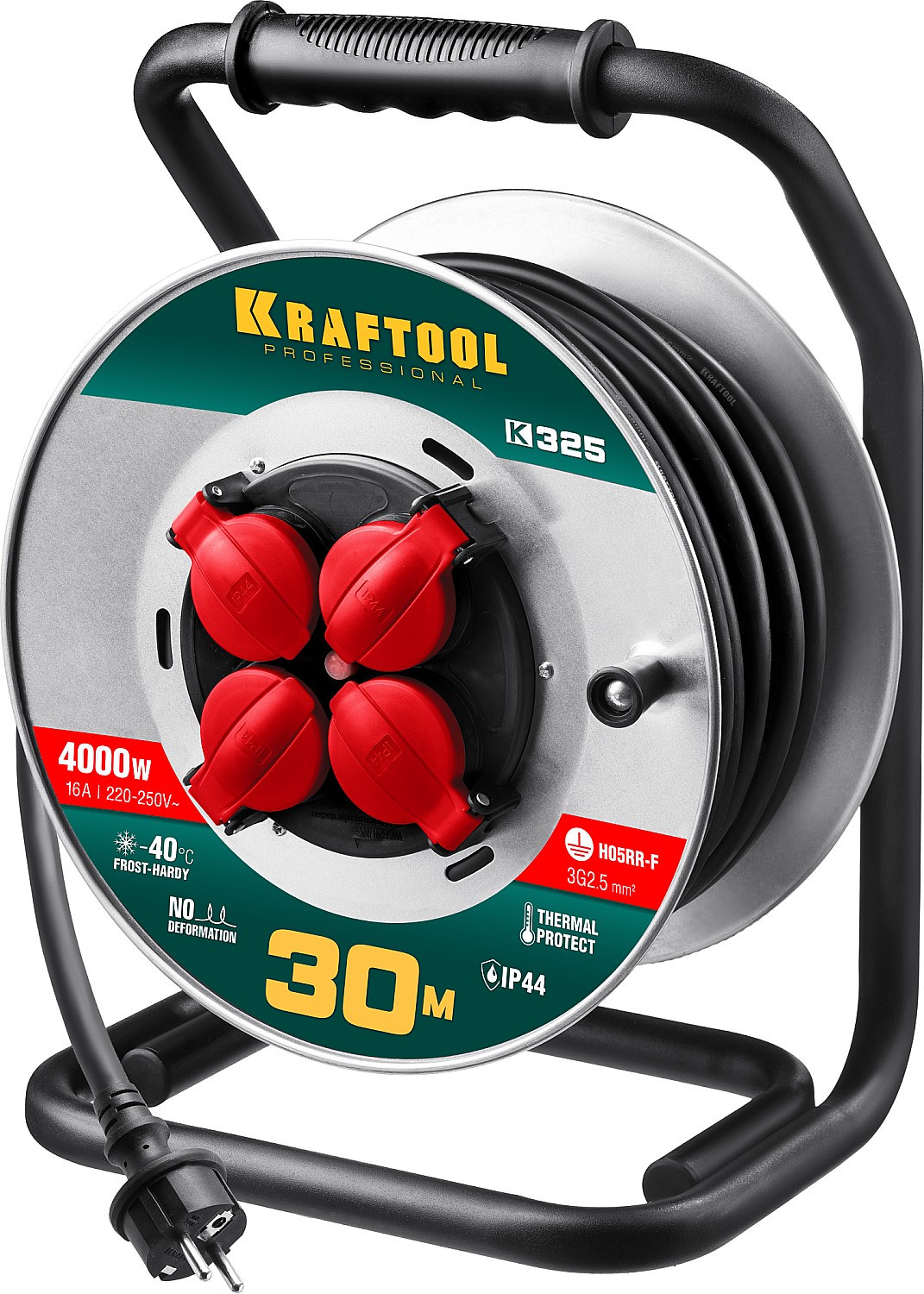 KRAFTOOL K-325, КГ, 3 х 2.5 мм2, 30 м, 4000 Вт, IP44, силовой удлинитель на стальной катушке (55086-30)