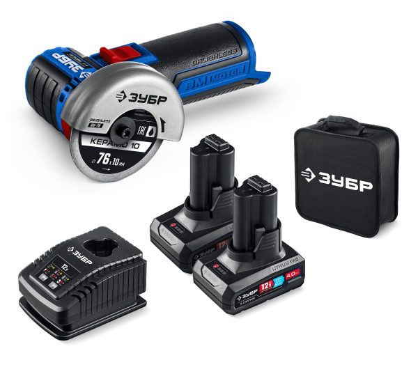 ЗУБР 12 В, D76 мм, 2 АКБ тип Т7 (4 А·ч), бесщеточная УШМ, сумка, Профессионал (AB-76-42)