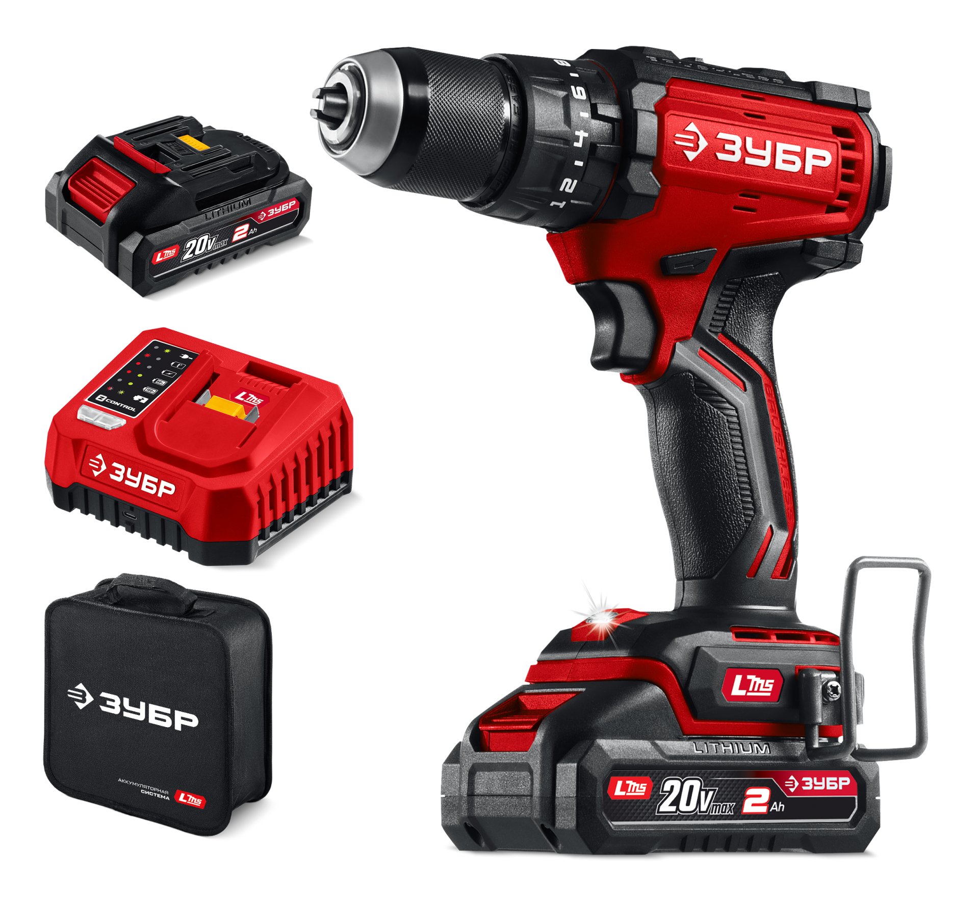 ЗУБР 20 В, 65 Н·м, 2 АКБ LMS (2 А·ч), бесщеточная ударная дрель-шуруповерт, сумка (ДБУ-65-22)