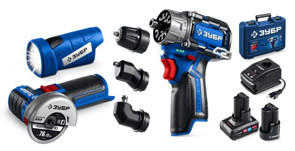 ЗУБР КОМБИ #5 набор: дрель-шуруповерт + мини УШМ + LED фонарь, BRUSHLESS, 12 В, 45 Н·м, 2 АКБ тип Т7 (4 и 2 А·ч), кейс, Профессионал (DB-125-42ABF)