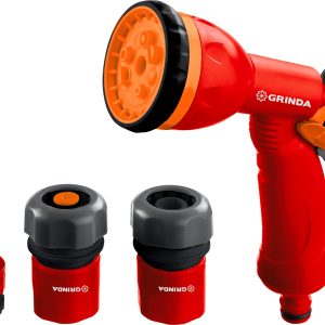 GRINDA GS-34, пистолет с 8 режимами, коннектор 3/4″, коннектор с автостопом 3/4″, адаптер, пластиковый, поливочный набор (8-427384)