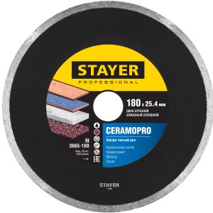 STAYER Сeramo-25, d 180 мм, (25.4 мм, 5 х 2.2 мм), сплошной алмазный диск, Professional (3665-180) — изображение 1