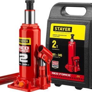 STAYER RED FORCE, в кейсе, 2 т, 181 - 345 мм, бутылочный гидравлический домкрат, Professional (43160-2-K)