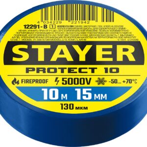 STAYER PROTECT-10, 15 мм х 10 м, 5 000 В, синяя, изолента ПВХ, Professional (12291-B) — изображение 1