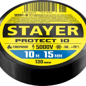 STAYER PROTECT-10, 15 мм х 10 м, 5 000 В, черная, изолента ПВХ, Professional (12291-D) — изображение 1