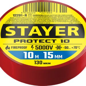 STAYER PROTECT-10, 15 мм х 10 м, 5 000 В, красная, изолента ПВХ, Professional (12291-R) — изображение 1