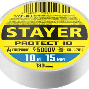 STAYER PROTECT-10, 15 мм х 10 м, 5 000 В, белая, изолента ПВХ, Professional (12291-W) — изображение 1