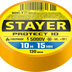 STAYER PROTECT-10, 15 мм х 10 м, 5 000 В, желтая, изолента ПВХ, Professional (12291-Y) — изображение 1
