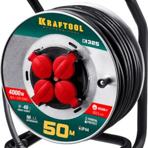 KRAFTOOL K-325, КГ, 3 х 2.5 мм2, 50 м, 4000 Вт, IP44, силовой удлинитель на стальной катушке (55086-50)