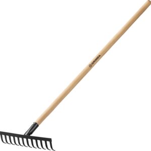 GRINDA GT-12 WOOD, 310 х 80 х 1300 мм, 12 прямых зубцов, углерод. сталь, антикор. покрытие, черенок дерев. высш. сорт, садовые грабли (39583-12) — изображение 1