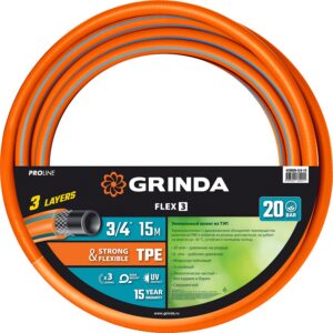 GRINDA FLEX 3, 3/4″, 15 м, 20 атм, из термоэластопласта, трёхслойный, армированный, гибкий, поливочный шланг, PROLine (429008-3/4-15) — изображение 1