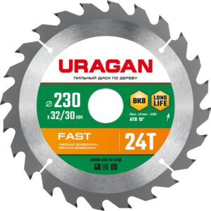 URAGAN Fast, 230 х 32/30 мм, 24Т, пильный диск по дереву (36800-230-32-24) — изображение 1
