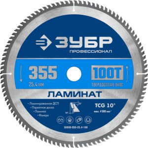 ЗУБР Ламинат 350х50мм 100Т, пильный диск по ламинату, Профессионал (36930-355-25.4-100) — изображение 1