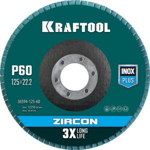 KRAFTOOL ZIRCON 125 х 22.2 мм, P60, круг лепестковый циркониевый торцевой по металлу и нержавеющей стали (36594-125-60) — изображение 1