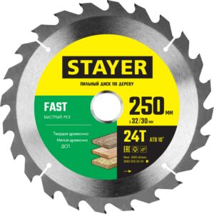 STAYER Fast, 250 x 32/30 мм, 24Т, быстрый рез, пильный диск по дереву (3680-250-32-24) — изображение 1
