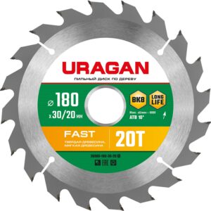 URAGAN Fast, 180 х 30/20 мм, 20Т, пильный диск по дереву (36800-180-30-20) — изображение 1