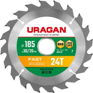 URAGAN Fast, 185 x 30/20 мм, 24Т, пильный диск по дереву (36800-185-30-24) — изображение 1