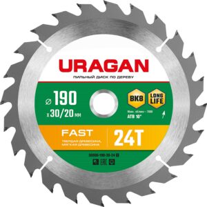 URAGAN Fast, 190 х 30/20 мм, 24Т, пильный диск по дереву (36800-190-30-24) — изображение 1