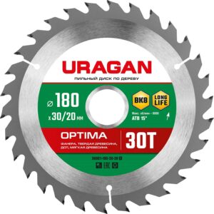 URAGAN Optima, 180 х 30/20 мм, 30Т, пильный диск по дереву (36801-180-30-30) — изображение 1