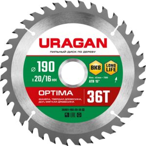 URAGAN Optima, 190 х 20/16 мм, 36Т, пильный диск по дереву (36801-190-20-36) — изображение 1