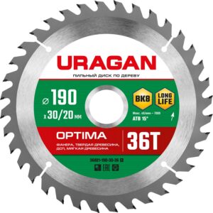 URAGAN Optima, 190 х 30/20 мм, 36Т, пильный диск по дереву (36801-190-30-36) — изображение 1