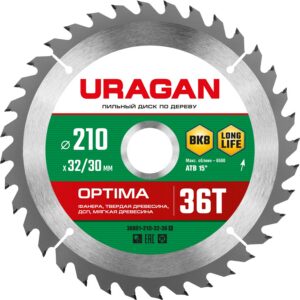 URAGAN Optima, 210 х 32/30 мм, 36Т, пильный диск по дереву (36801-210-32-36) — изображение 1