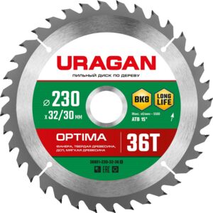 URAGAN Optima, 230 х 32/30 мм, 36Т, пильный диск по дереву (36801-230-32-36) — изображение 1