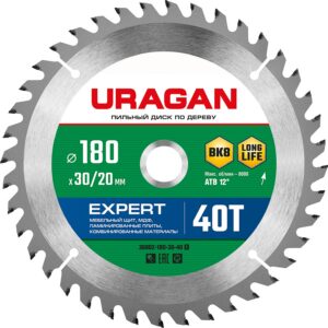 URAGAN Expert, 180 х 30/20 мм, 40Т, пильный диск по дереву (36802-180-30-40) — изображение 1