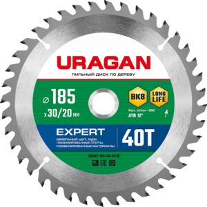 URAGAN Expert, 185 х 30/20 мм, 40Т, пильный диск по дереву (36802-185-30-40) — изображение 1