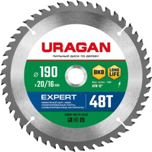 URAGAN Expert, 190 х 20/16 мм, 48Т, пильный диск по дереву (36802-190-20-48) — изображение 1