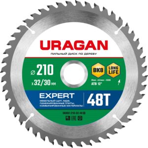 URAGAN Expert, 210 х 32/30 мм, 48Т, пильный диск по дереву (36802-210-32-48) — изображение 1