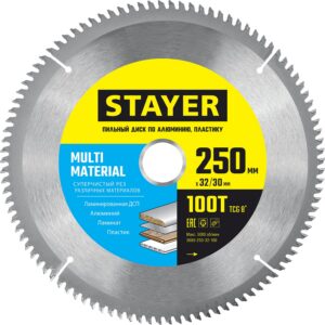 STAYER Multi Material, 250 х 32/30 мм, 100Т, супер чистый рез, пильный диск по алюминию и пластику (3685-250-32-100) — изображение 1
