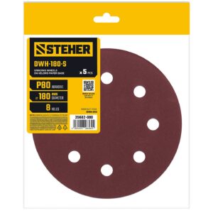 STEHER DWH-180-S 180 мм, Р80, шлифовальный круг на липучке, 8 отв., 5 шт. (35682-080) — изображение 1