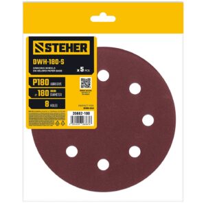 STEHER DWH-180-S 180 мм, Р180, шлифовальный круг на липучке, 8 отв., 5 шт. (35682-180) — изображение 1
