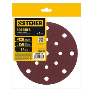 STEHER BOS-150-S 150 мм, Р120, шлифовальный круг на липучке, 17 отв., 5 шт. (35684-120) — изображение 1