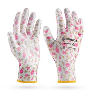 GRINDA COMFORT, M (8), садовые перчатки с прозрачным полиуретановым покрытием, розовые, 13 класс (11291-M) — изображение 1