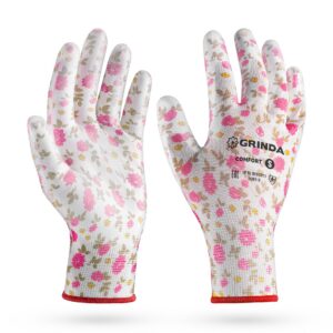 GRINDA COMFORT, S (7), садовые перчатки с прозрачным полиуретановым покрытием, розовые, 13 класс (11291-S) — изображение 1