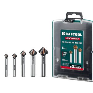 KRAFTOOL EXTREM, 6 шт (6.3, 8.3, 10.4, 12.4, 16.5, 20.5 мм), Z3, 90°, сталь M35, U-образная спираль, набор зенковок (29734-H6) — изображение 1