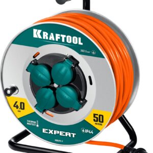 KRAFTOOL EXPERT 4.0, ПВС 3х2.5 50м 4000Вт IP44, силовой удлинитель на стальной катушке (55089-50)